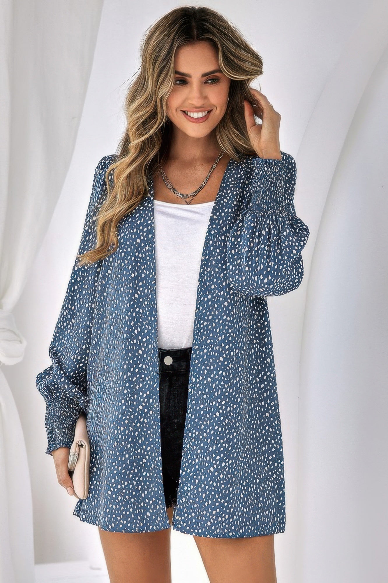 Allover Print Shirred Cuff Lantern Sleeve Kimono | by atgodanddesigns