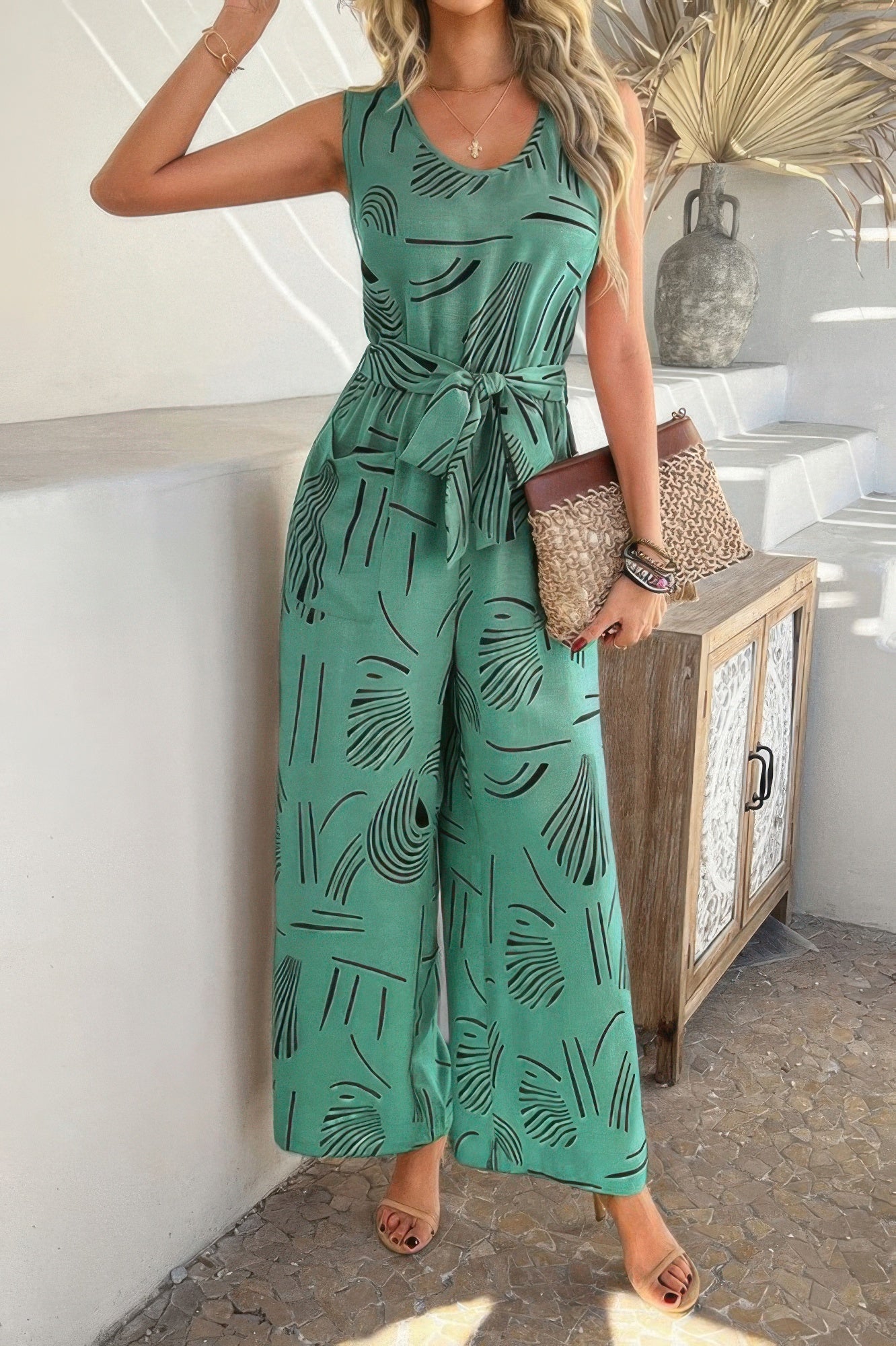 Allover Print Sleeveless Wide Leg Tie Waist Jumpsuit | by atgodanddesigns