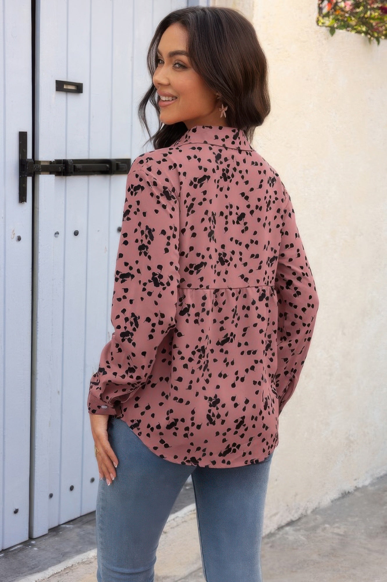 Allover Print V Neck Button Down Loose Blouse | by atgodanddesigns