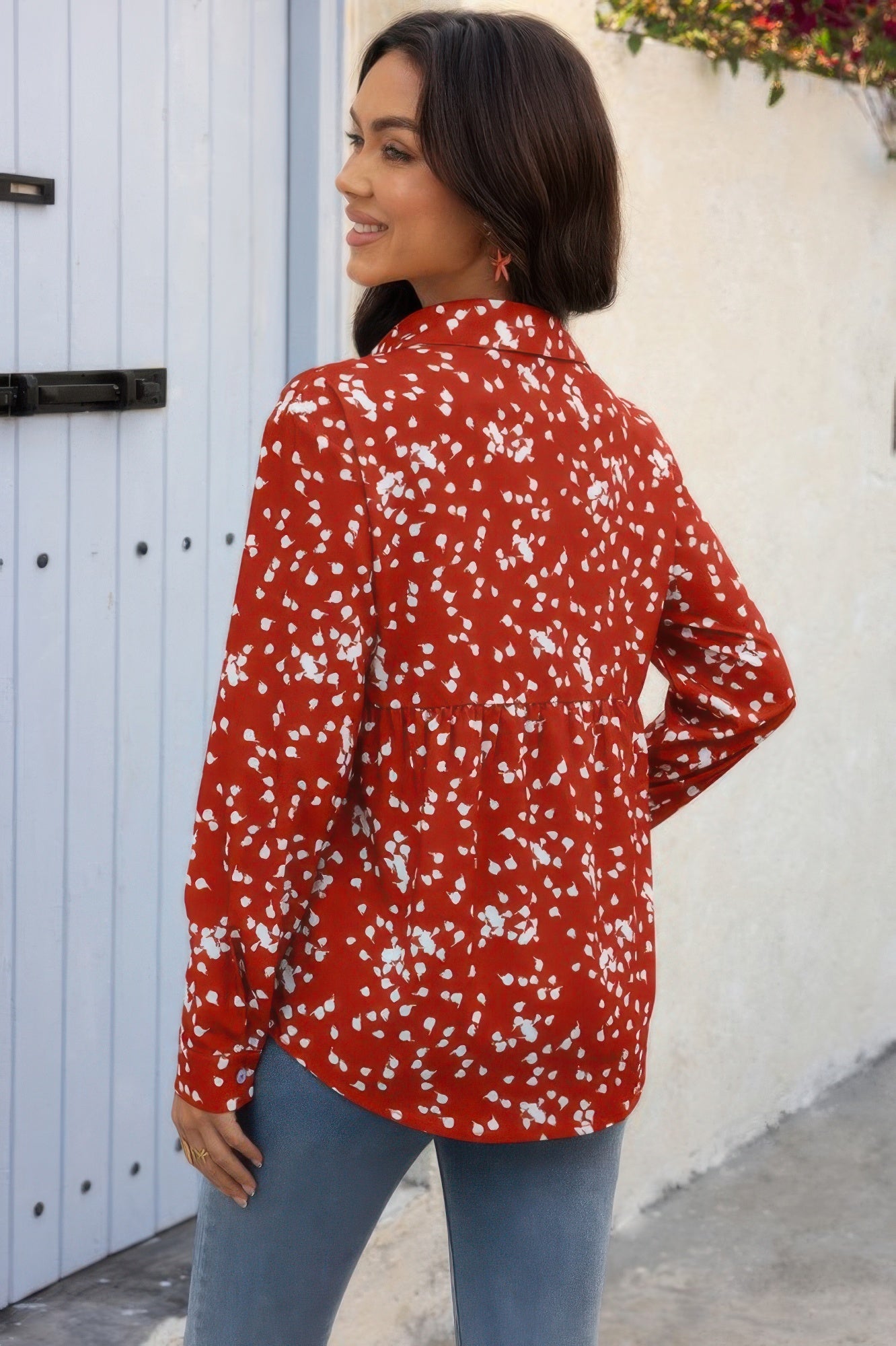Allover Print V Neck Button Down Loose Blouse | by atgodanddesigns