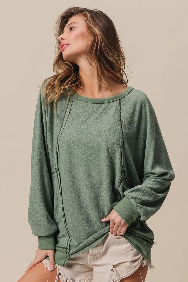 BiBi Cross Hatch Knit Uneven Hem Cont Lslv Top | by atgodanddesigns