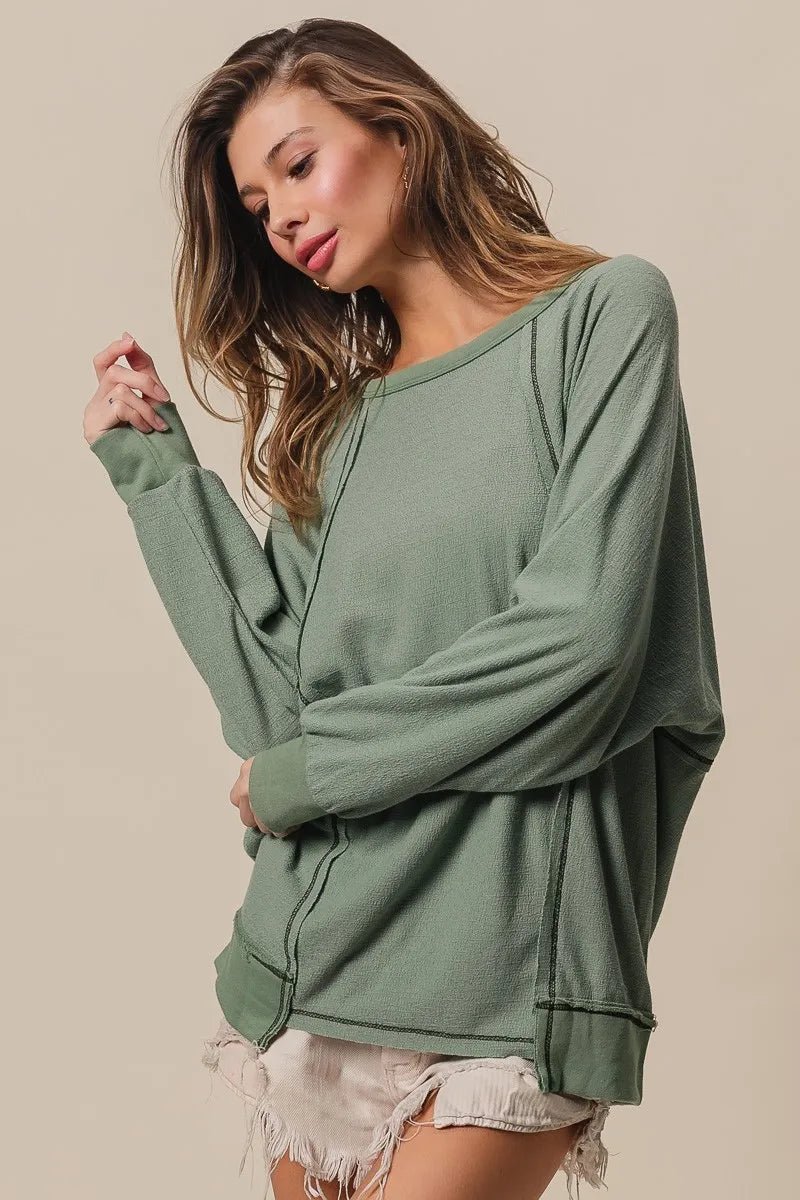 BiBi Cross Hatch Knit Uneven Hem Cont Lslv Top | by atgodanddesigns
