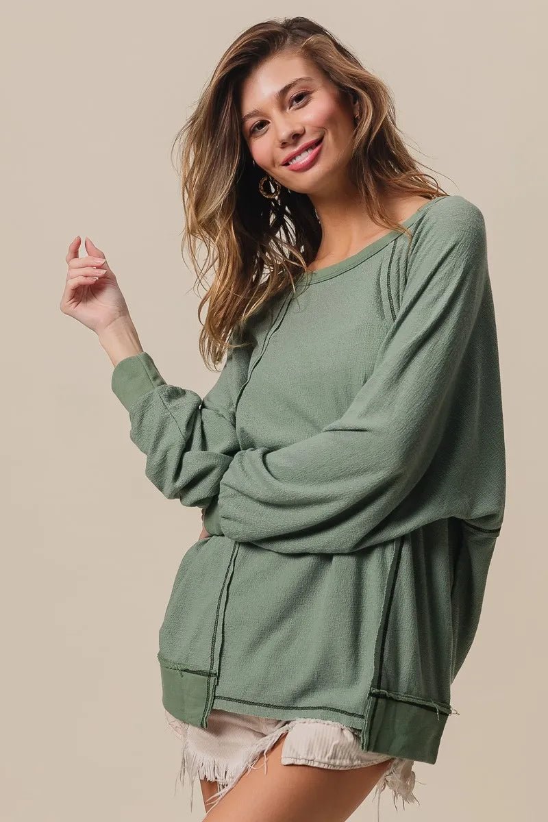 BiBi Cross Hatch Knit Uneven Hem Cont Lslv Top | by atgodanddesigns