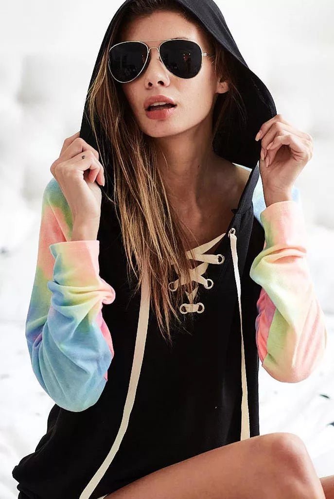 BiBi French Terry Lace Up Hoodie With Tie Dye Sleeves | by atgodanddesigns