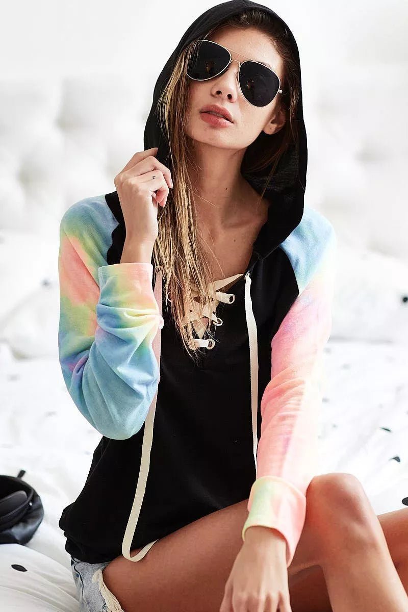 BiBi French Terry Lace Up Hoodie With Tie Dye Sleeves | by atgodanddesigns