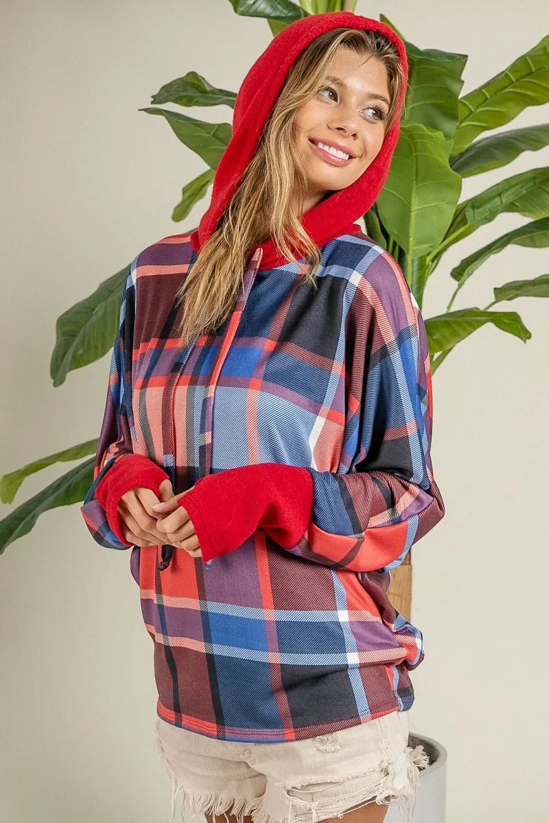 BiBi Plaid Mirr Brushed Rib Contrast Thumb Open Hoodie | by atgodanddesigns