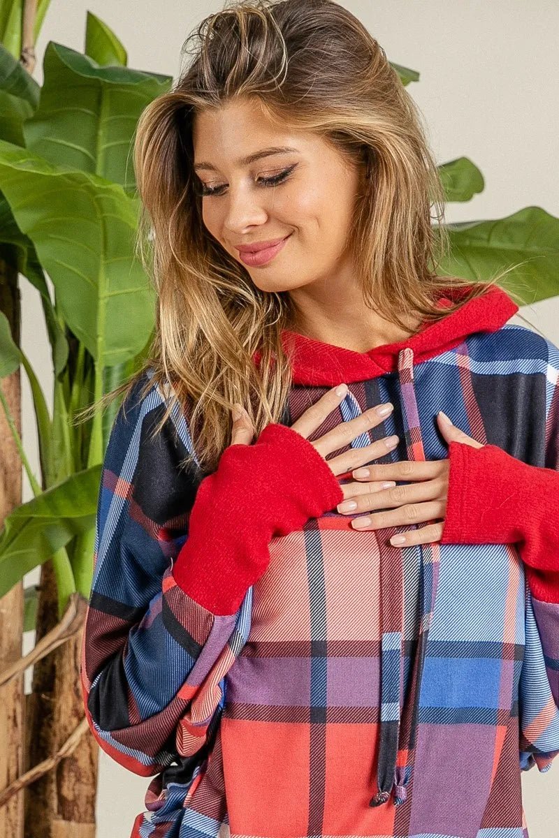 BiBi Plaid Mirr Brushed Rib Contrast Thumb Open Hoodie | by atgodanddesigns