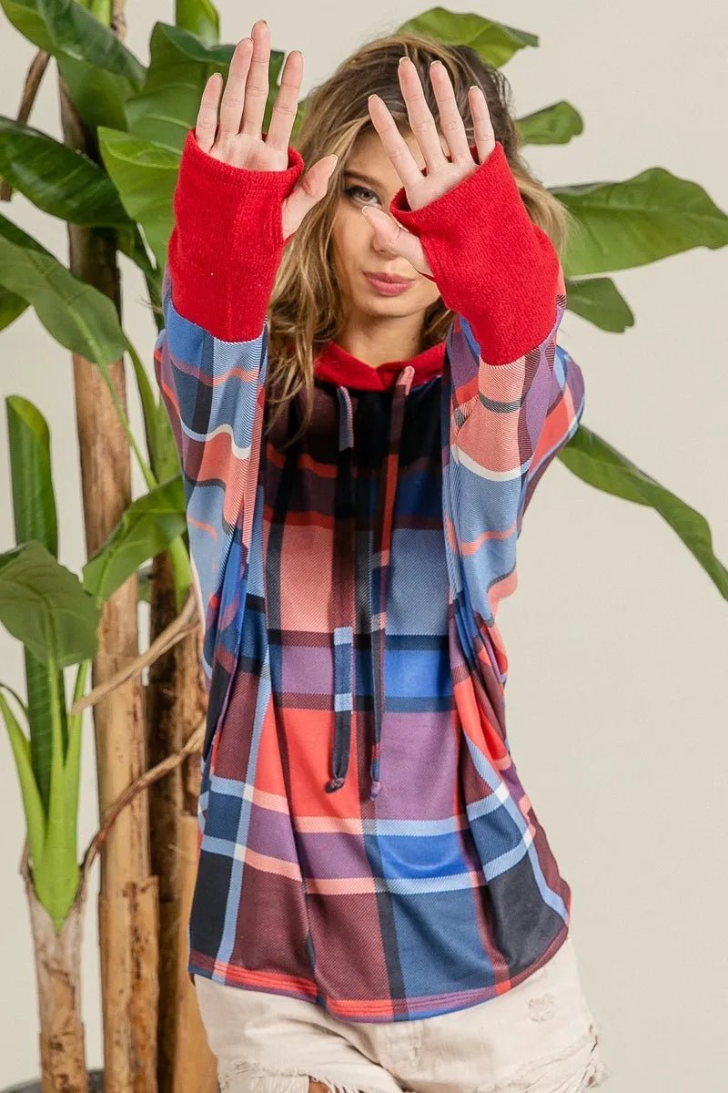 BiBi Plaid Mirr Brushed Rib Contrast Thumb Open Hoodie | by atgodanddesigns