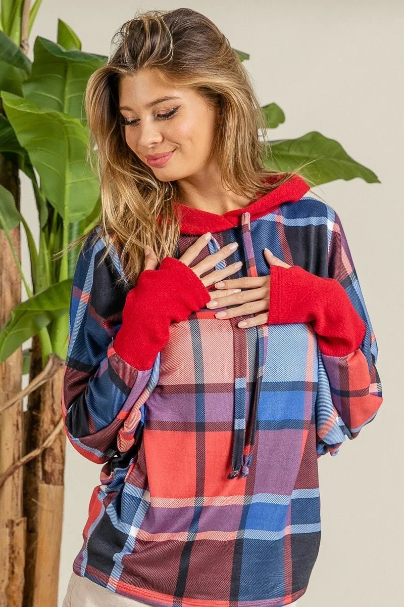 BiBi Plaid Mirr Brushed Rib Contrast Thumb Open Hoodie | by atgodanddesigns