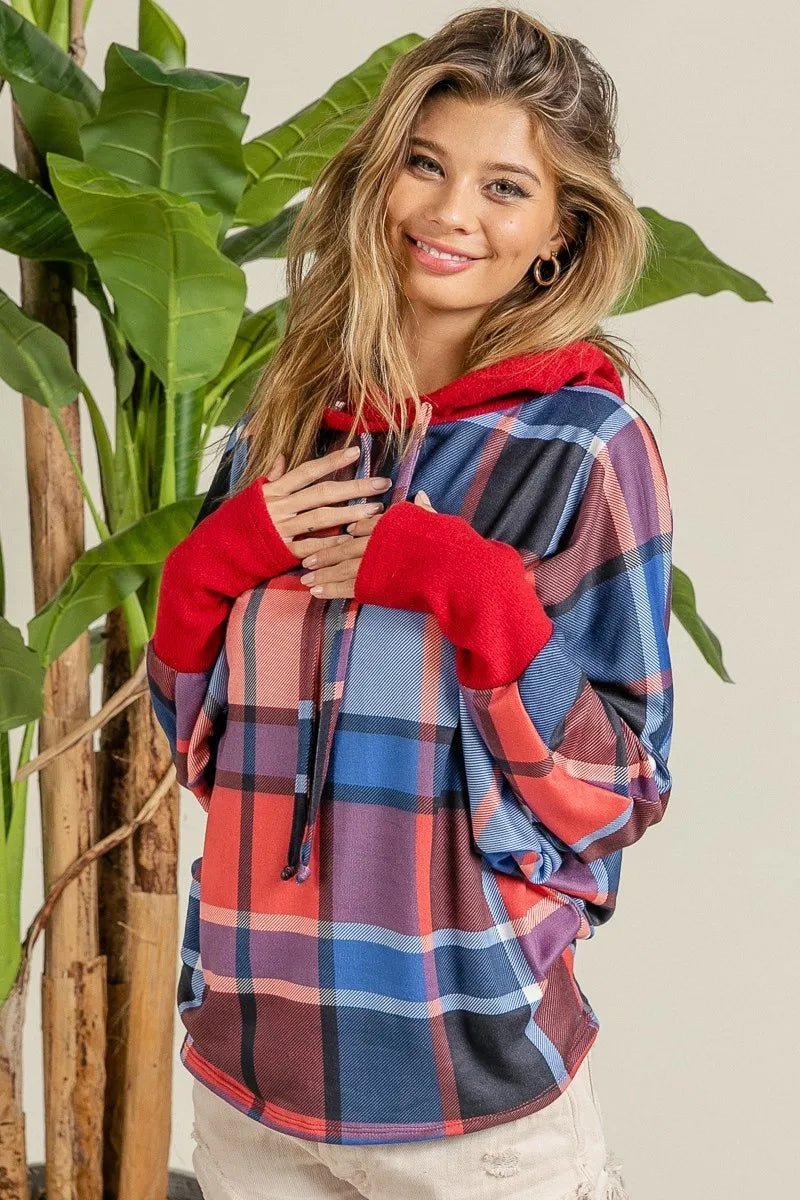 BiBi Plaid Mirr Brushed Rib Contrast Thumb Open Hoodie | by atgodanddesigns