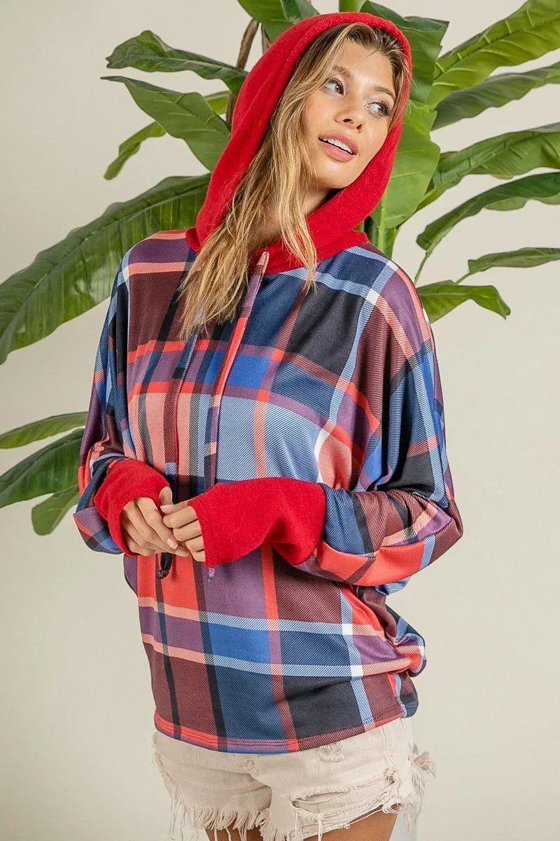 BiBi Plaid Mirr Brushed Rib Contrast Thumb Open Hoodie | by atgodanddesigns