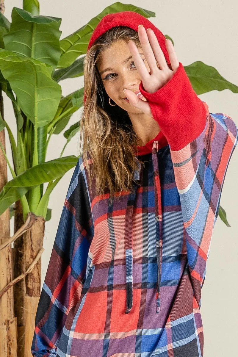 BiBi Plaid Mirr Brushed Rib Contrast Thumb Open Hoodie | by atgodanddesigns