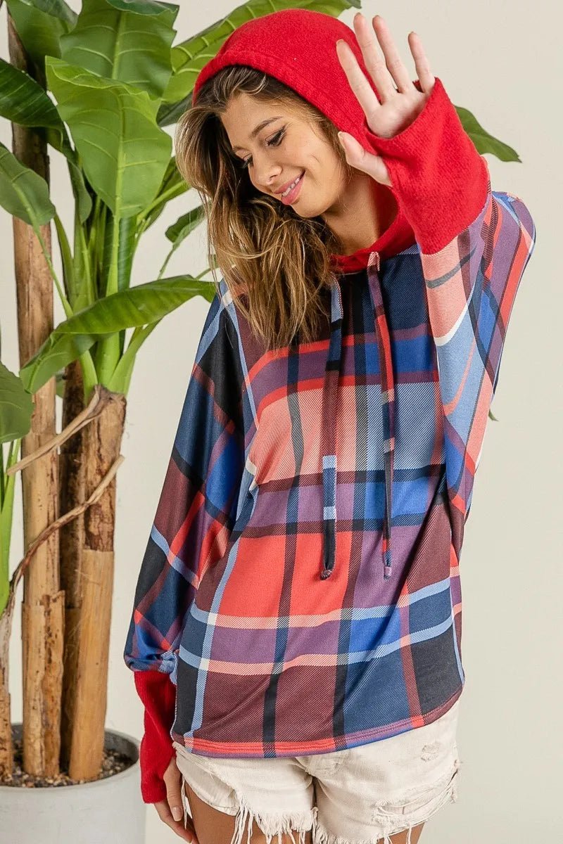 BiBi Plaid Mirr Brushed Rib Contrast Thumb Open Hoodie | by atgodanddesigns