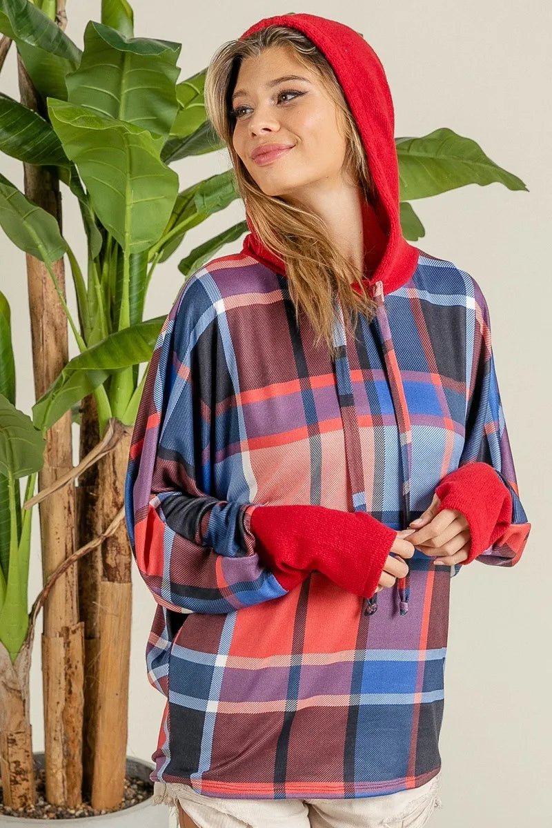 BiBi Plaid Mirr Brushed Rib Contrast Thumb Open Hoodie | by atgodanddesigns