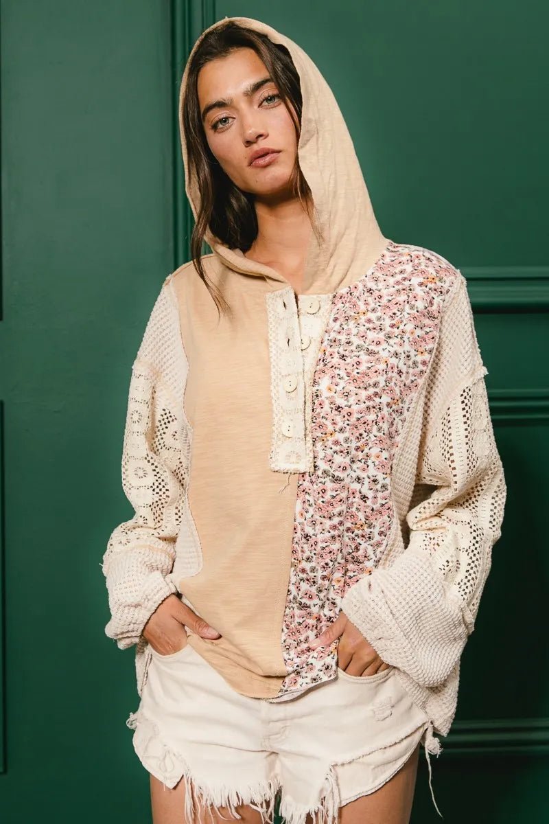 BiBi Slub Jersey with Lace Combo Buttoned Hoodie Top | by atgodanddesigns