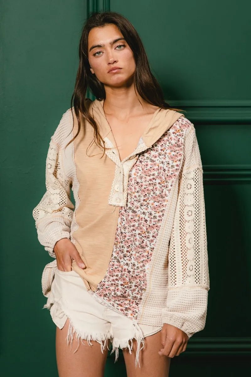 BiBi Slub Jersey with Lace Combo Buttoned Hoodie Top | by atgodanddesigns