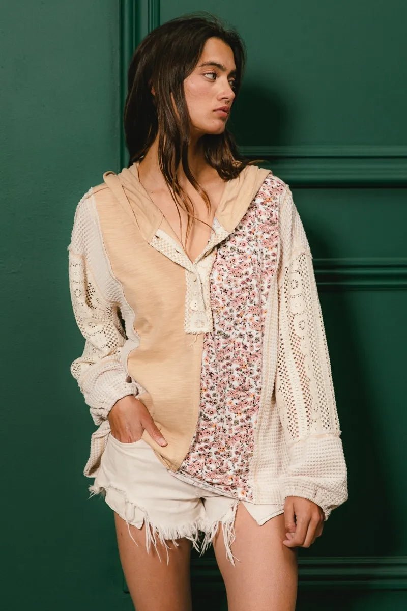 BiBi Slub Jersey with Lace Combo Buttoned Hoodie Top | by atgodanddesigns