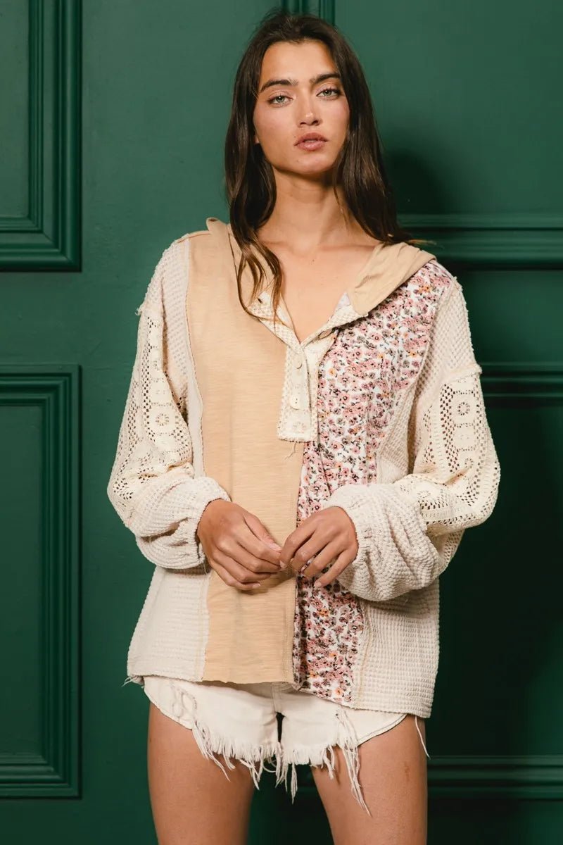 BiBi Slub Jersey with Lace Combo Buttoned Hoodie Top | by atgodanddesigns