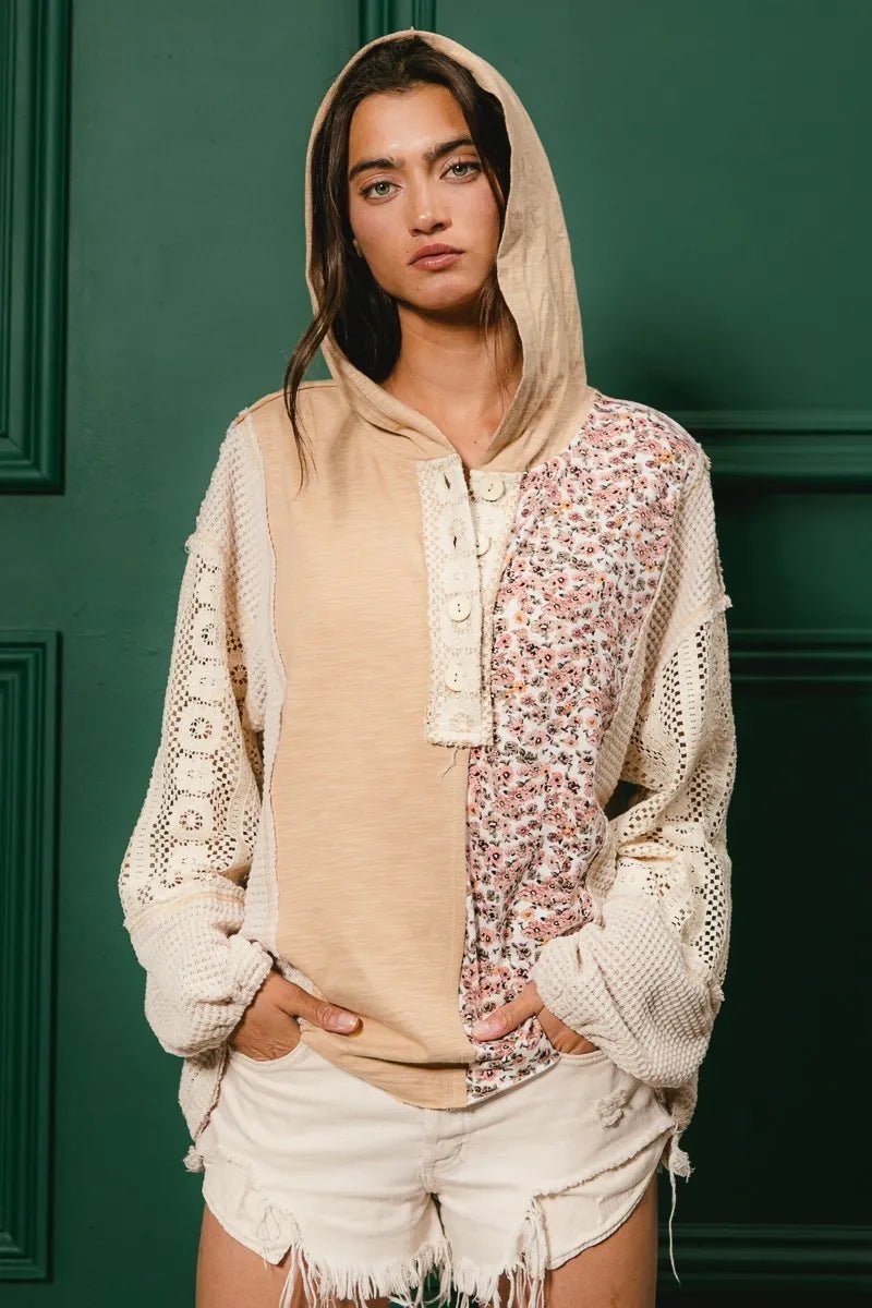 BiBi Slub Jersey with Lace Combo Buttoned Hoodie Top | by atgodanddesigns