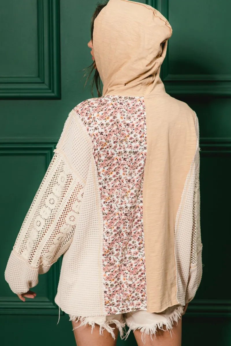 BiBi Slub Jersey with Lace Combo Buttoned Hoodie Top | by atgodanddesigns