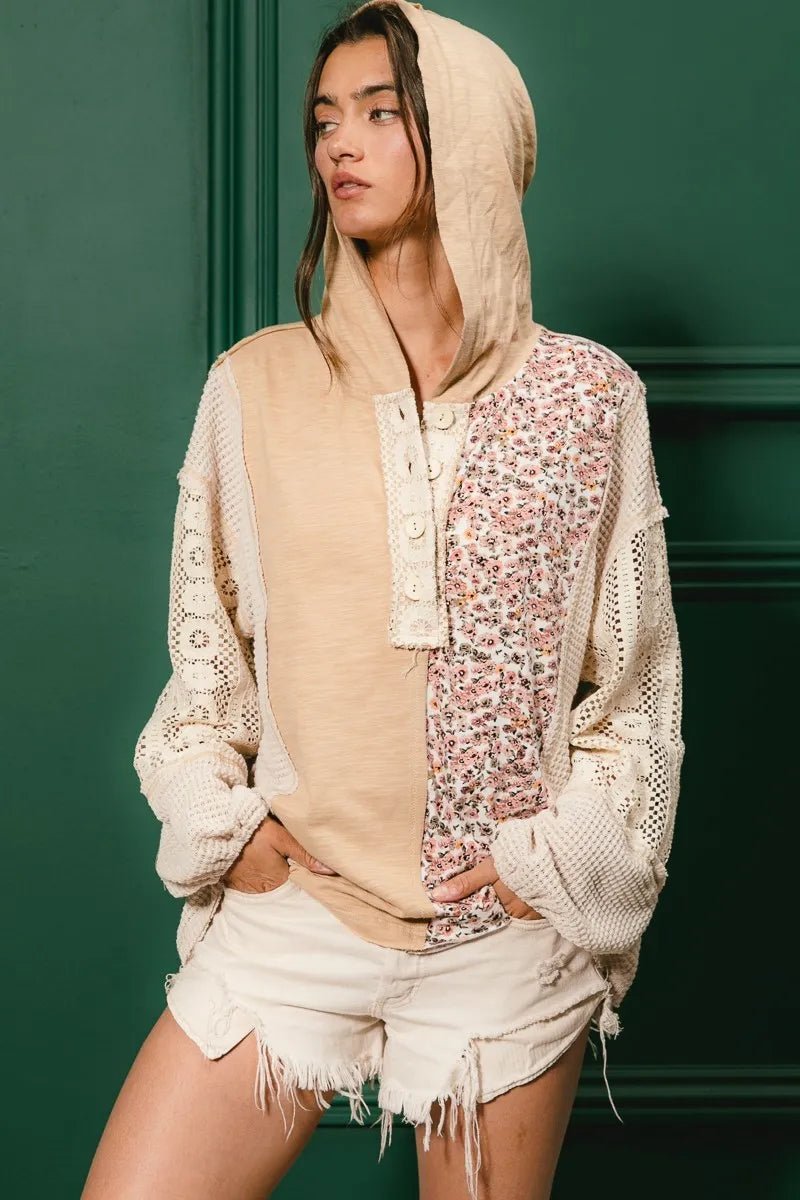 BiBi Slub Jersey with Lace Combo Buttoned Hoodie Top | by atgodanddesigns