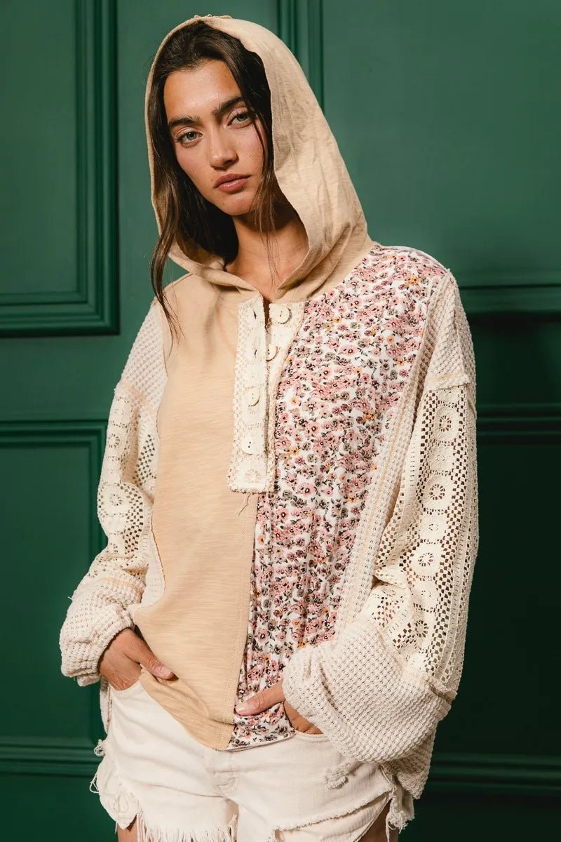 BiBi Slub Jersey with Lace Combo Buttoned Hoodie Top | by atgodanddesigns