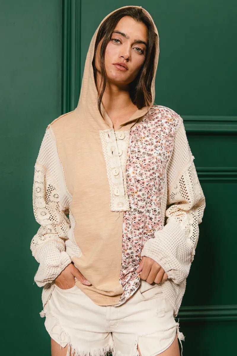BiBi Slub Jersey with Lace Combo Buttoned Hoodie Top | by atgodanddesigns