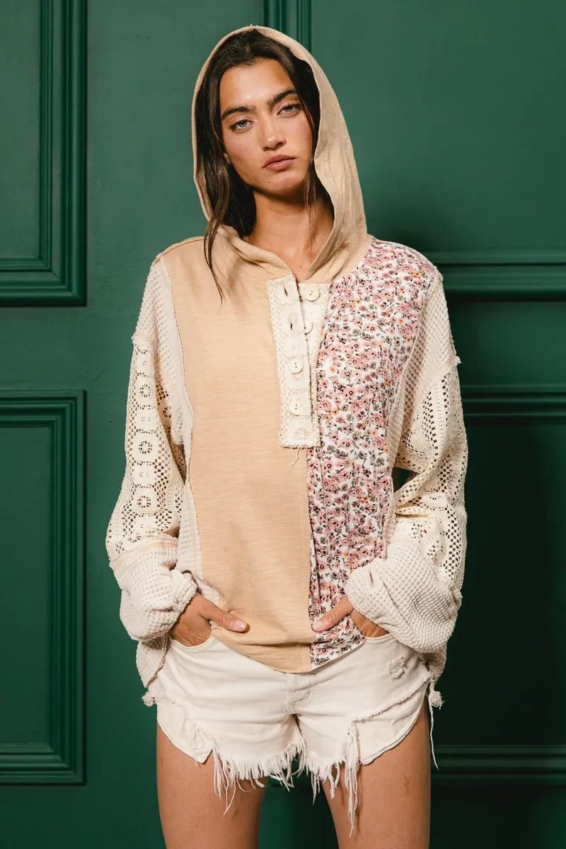 BiBi Slub Jersey with Lace Combo Buttoned Hoodie Top | by atgodanddesigns