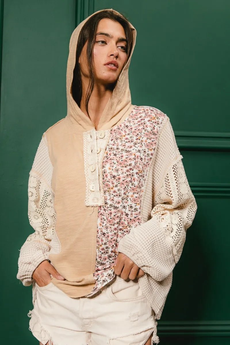 BiBi Slub Jersey with Lace Combo Buttoned Hoodie Top | by atgodanddesigns