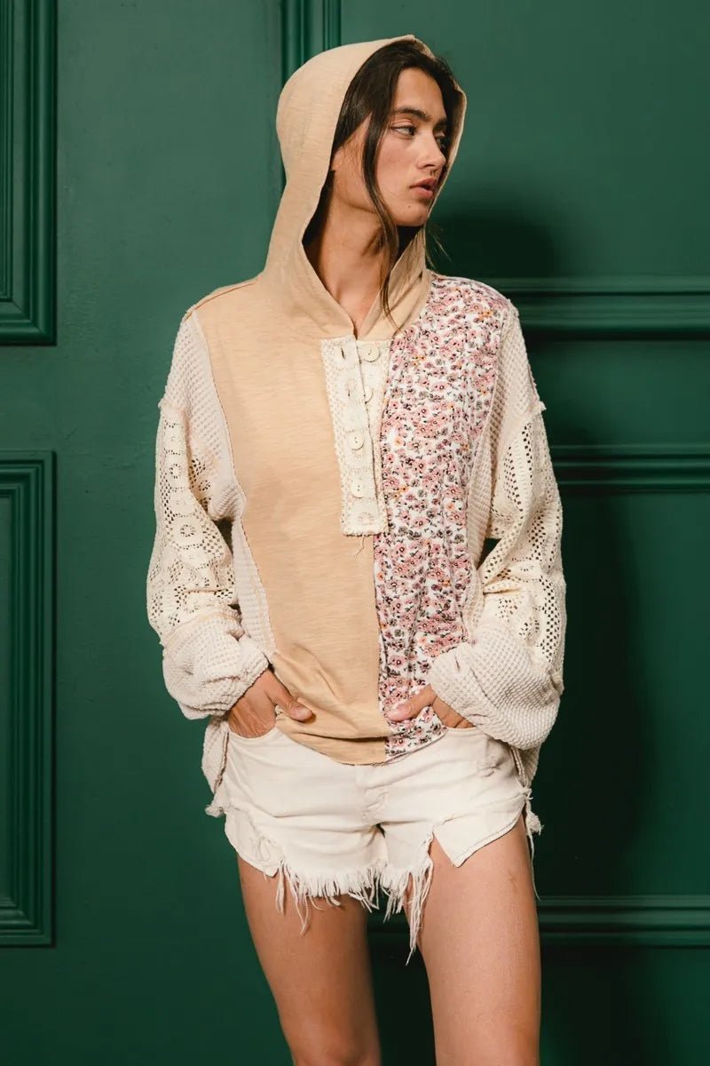 BiBi Slub Jersey with Lace Combo Buttoned Hoodie Top | by atgodanddesigns