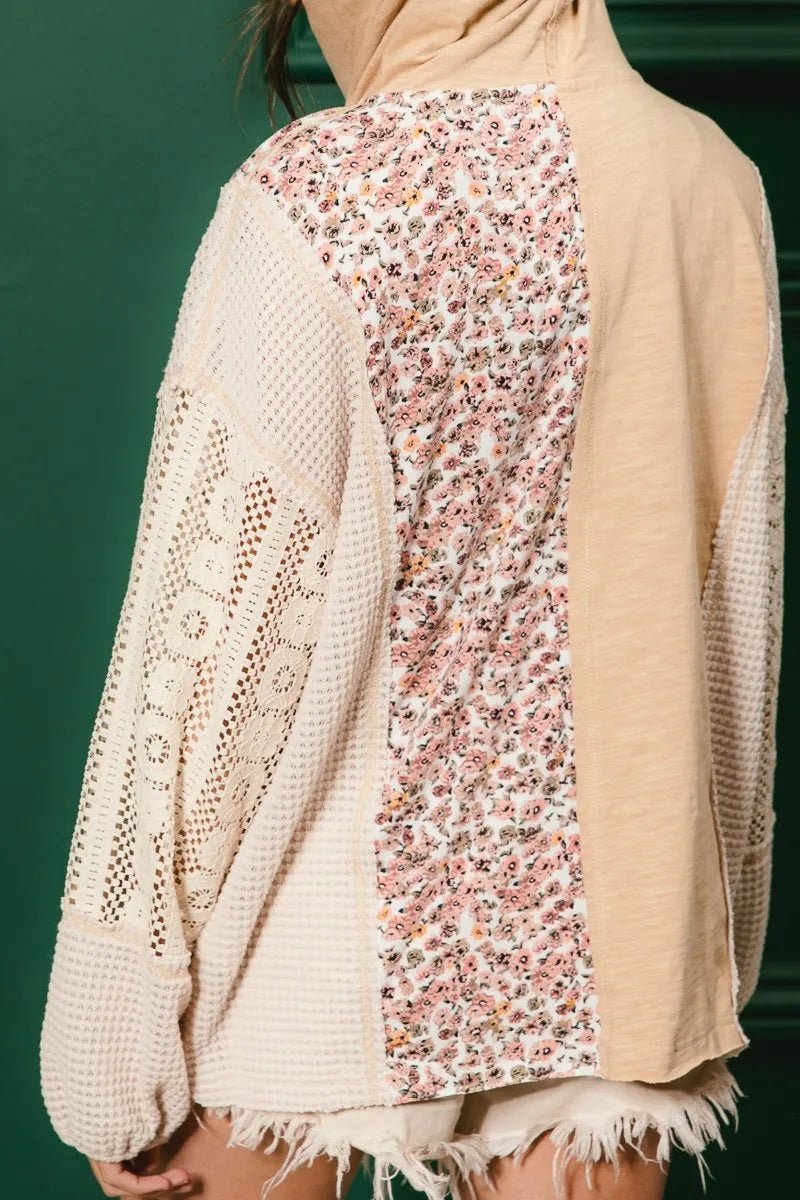 BiBi Slub Jersey with Lace Combo Buttoned Hoodie Top | by atgodanddesigns