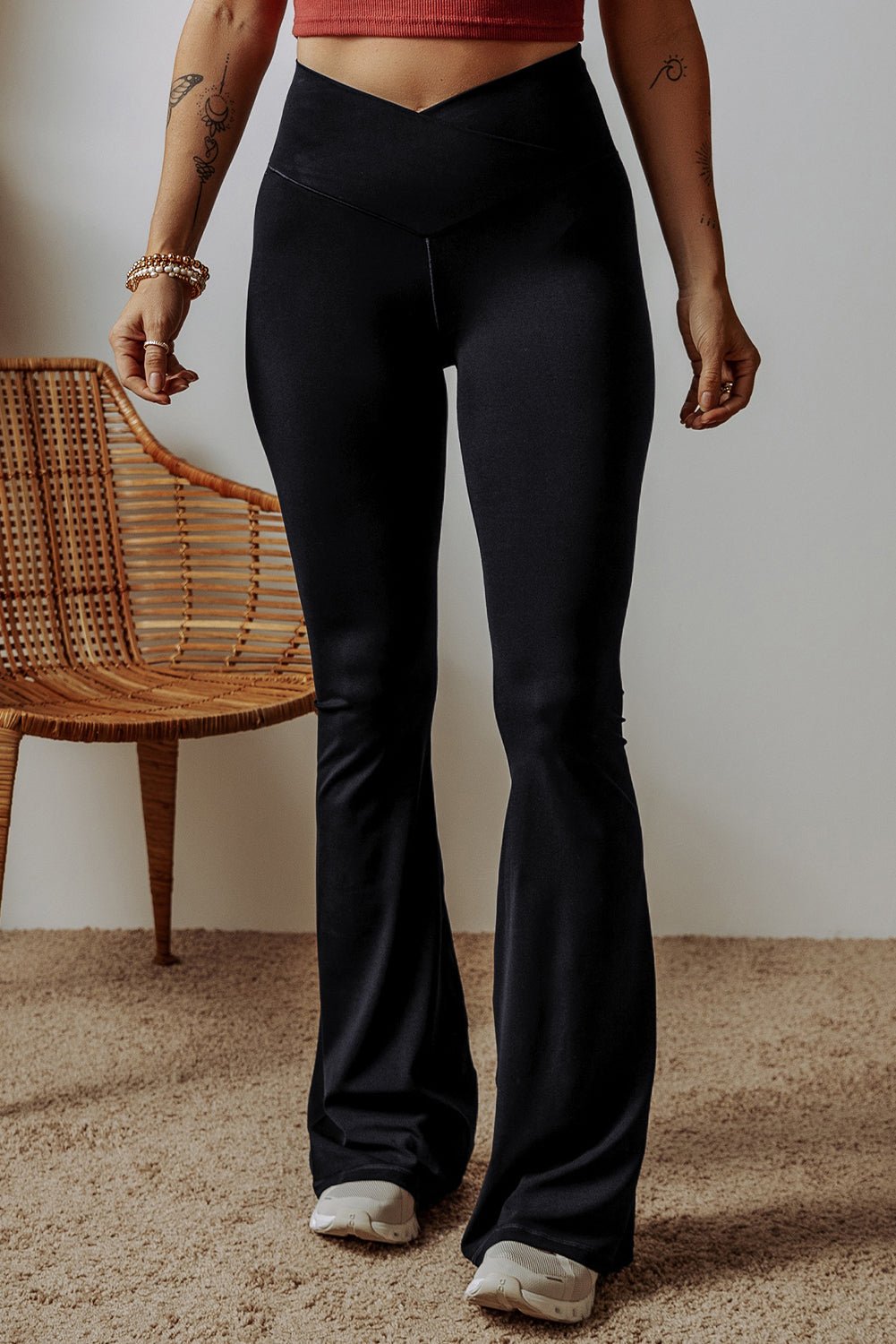 Black V Shape High Waist Flared Leggings | Bottoms/Leggings by atgodanddesigns