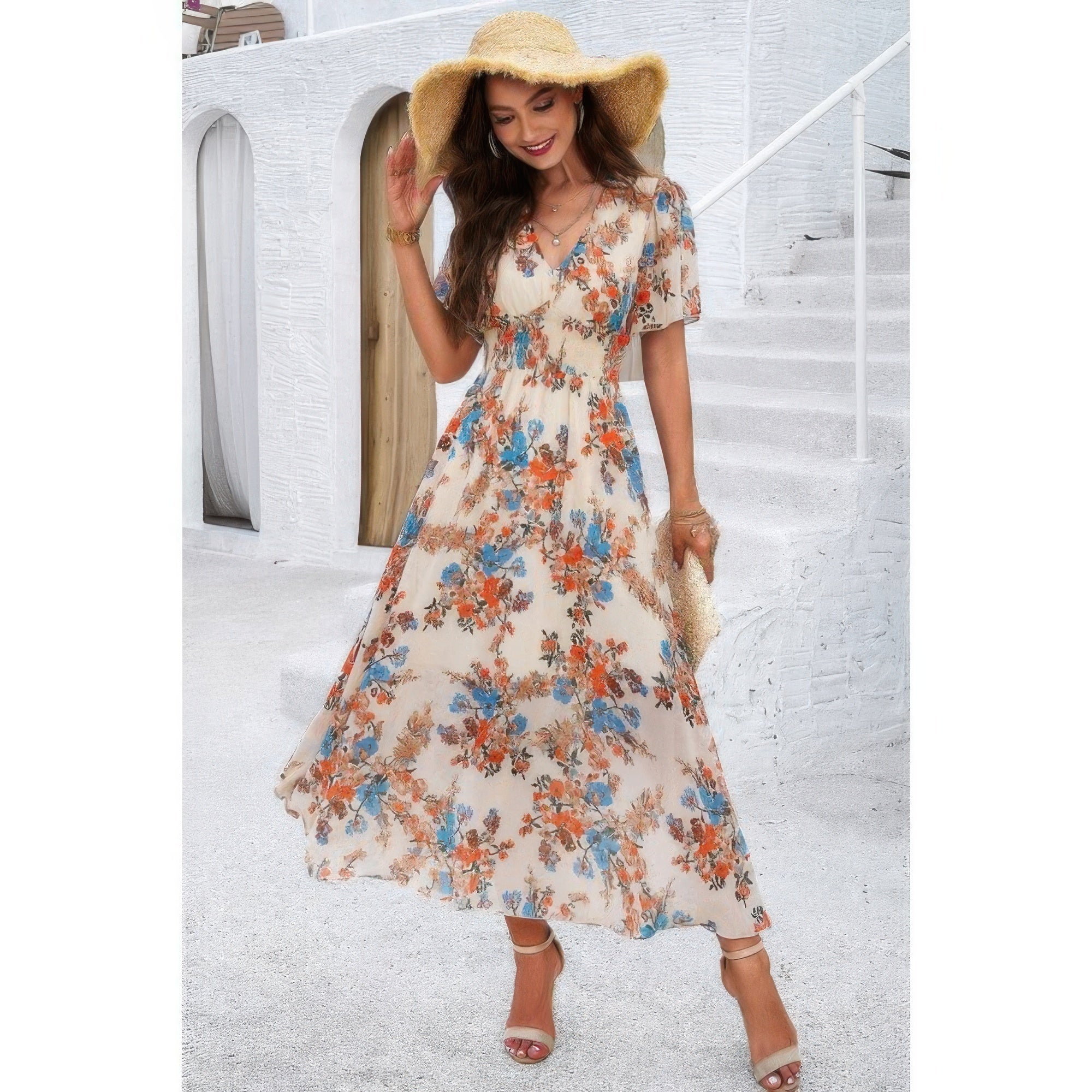 Boho Floral Print High Waist Band Fit Lined Dress | by atgodanddesigns