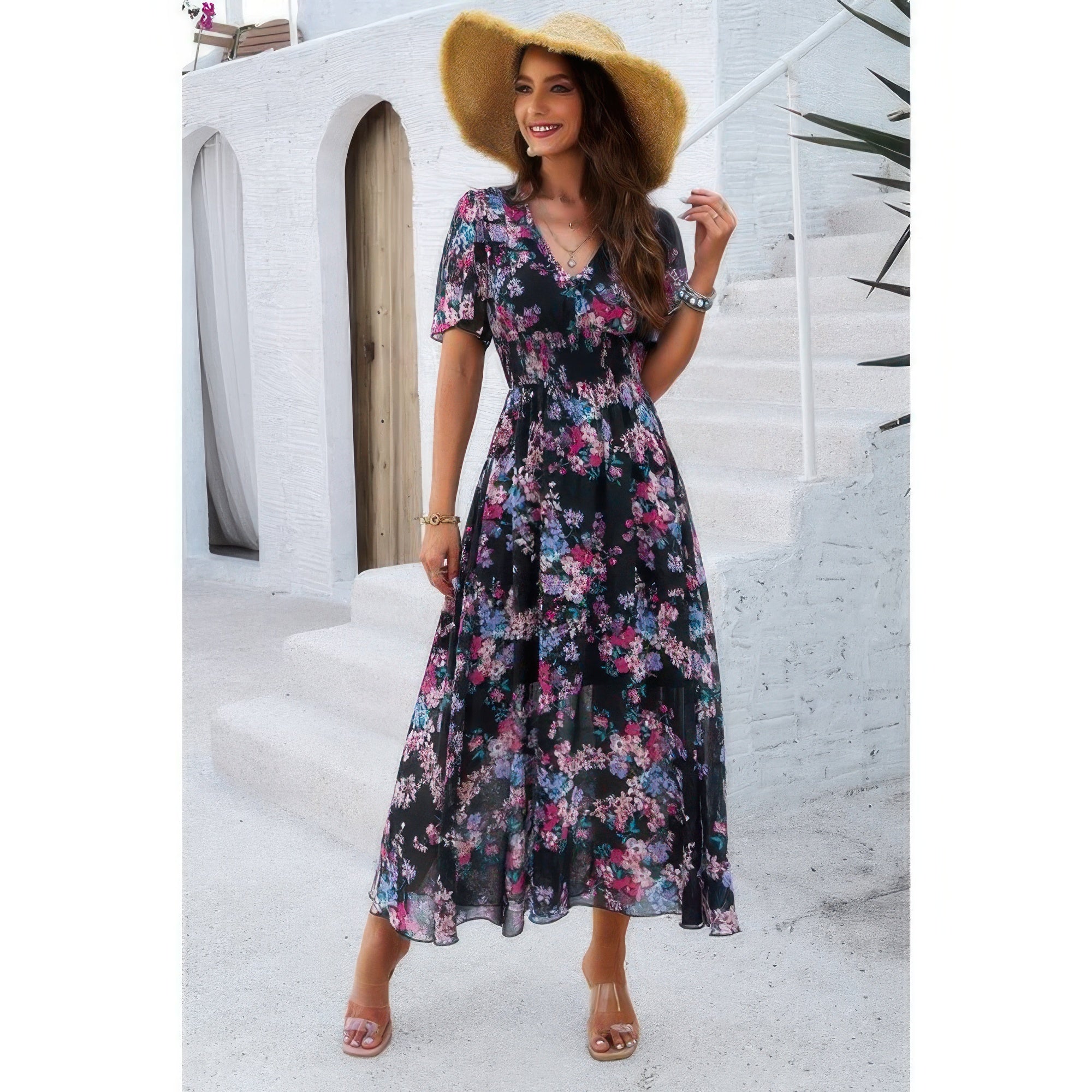 Boho Floral Print High Waist Band Fit Lined Dress | by atgodanddesigns