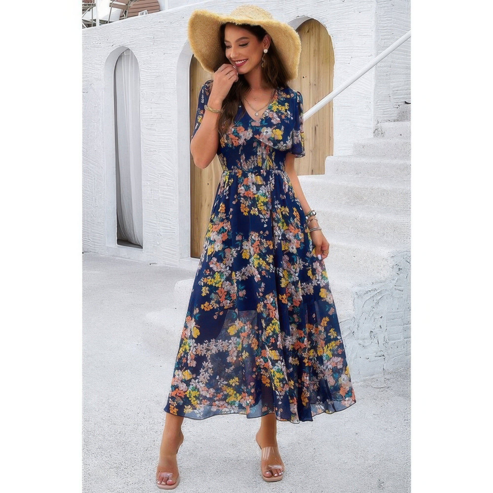 Boho Floral Print High Waist Band Fit Lined Dress | by atgodanddesigns