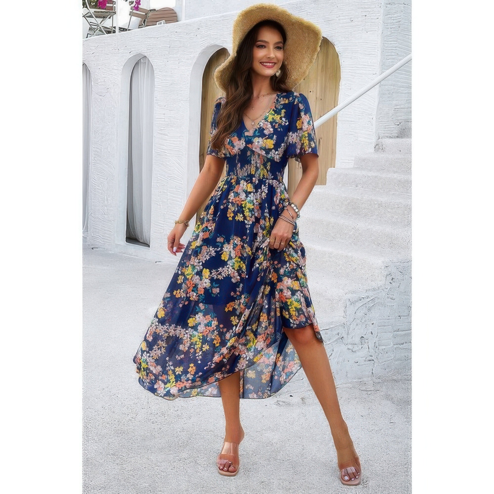 Boho Floral Print High Waist Band Fit Lined Dress | by atgodanddesigns