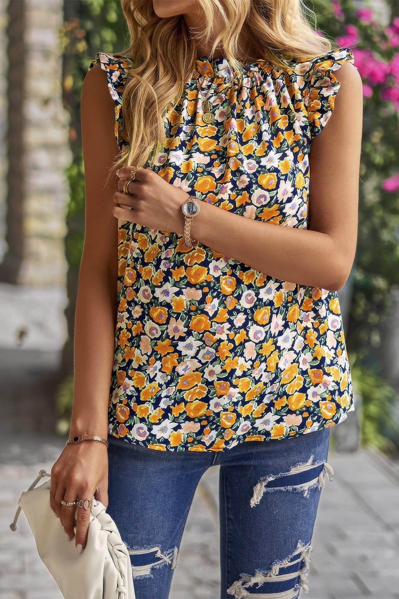 Boho Floral Sleeveless Loose Fit Collar Top | by atgodanddesigns