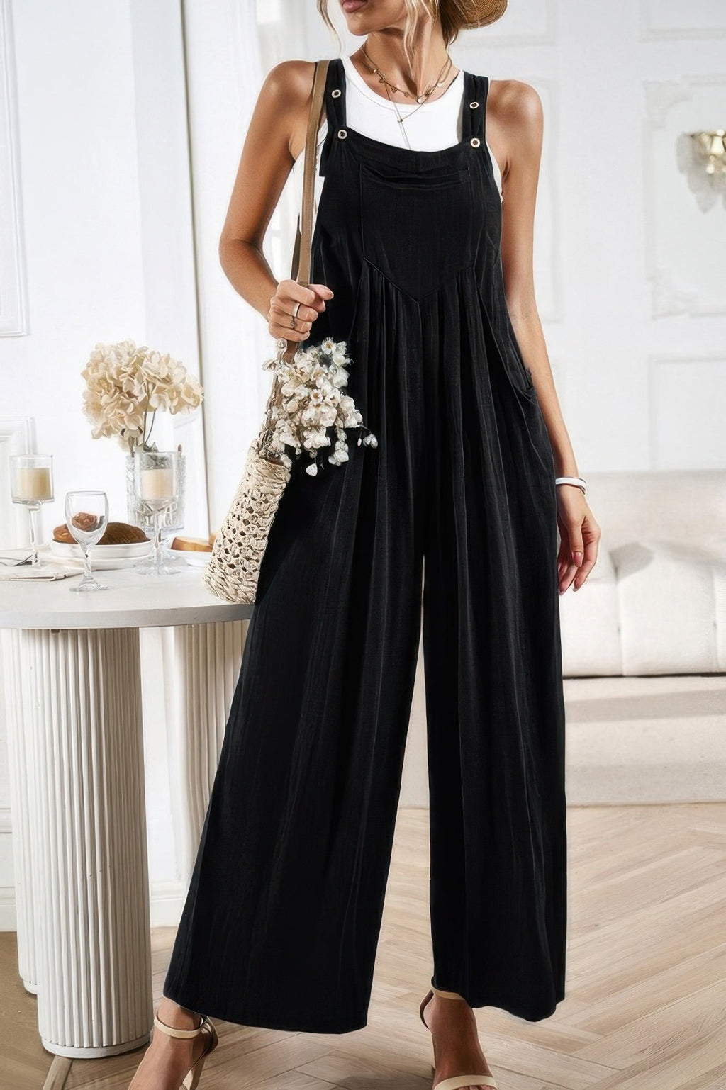 Button Detail Wide Leg Overall Pockets Jumpsuit | by atgodanddesigns
