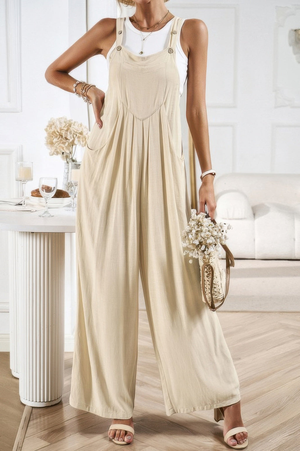 Button Detail Wide Leg Overall Pockets Jumpsuit | by atgodanddesigns