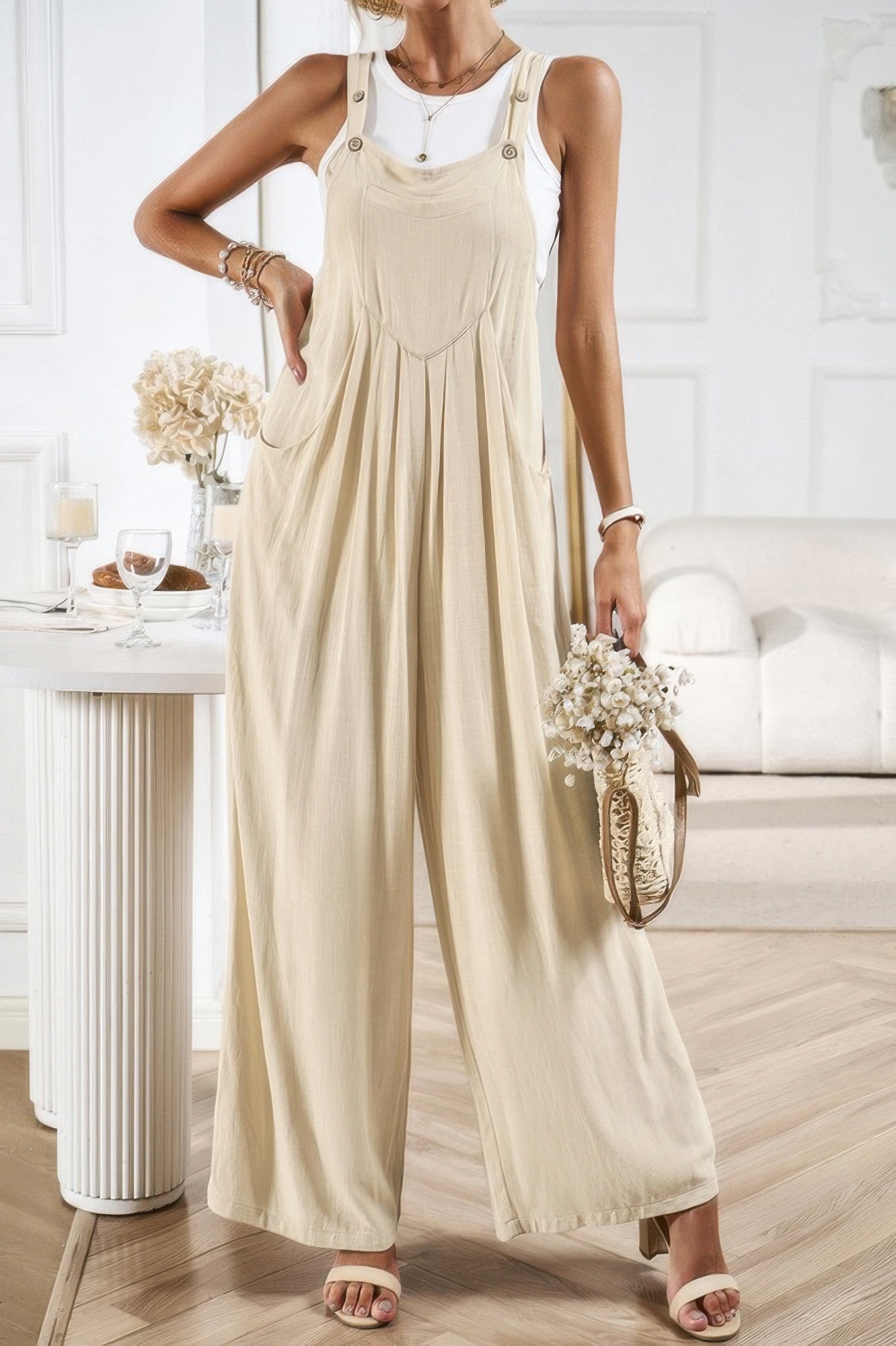 Button Detail Wide Leg Overall Pockets Jumpsuit | by atgodanddesigns