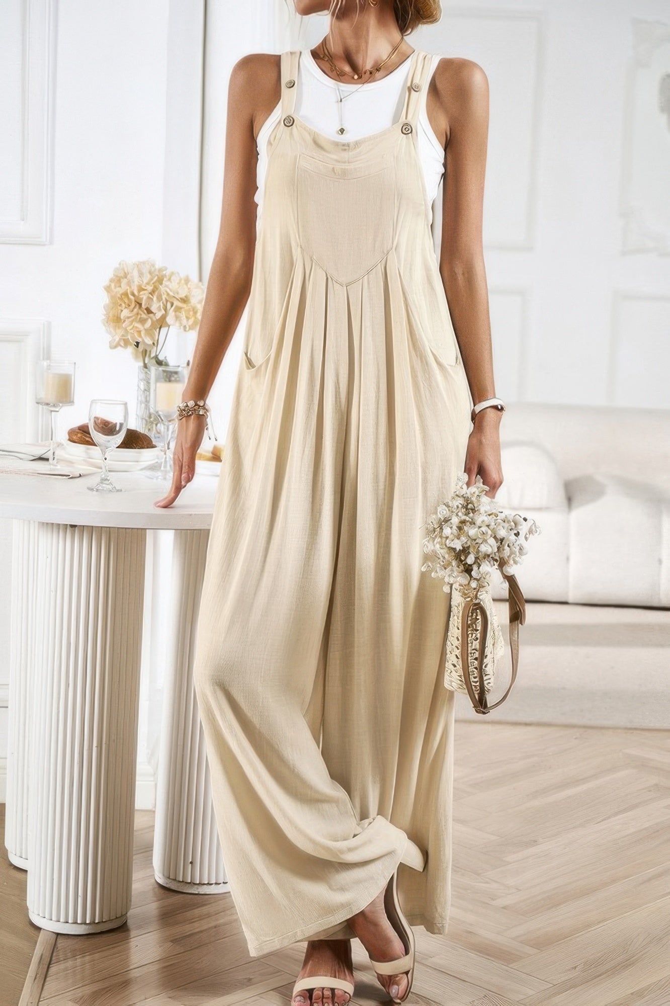 Button Detail Wide Leg Overall Pockets Jumpsuit | by atgodanddesigns