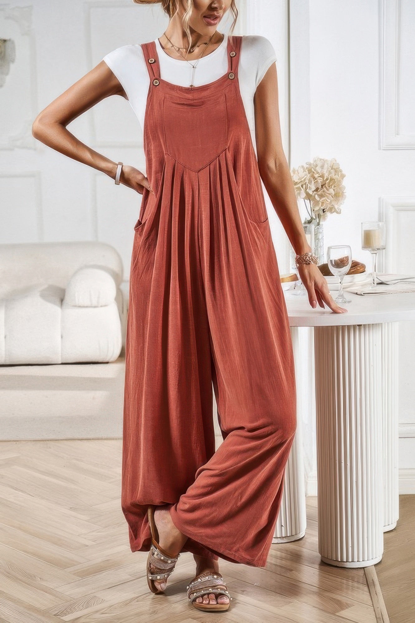 Button Detail Wide Leg Overall Pockets Jumpsuit | by atgodanddesigns