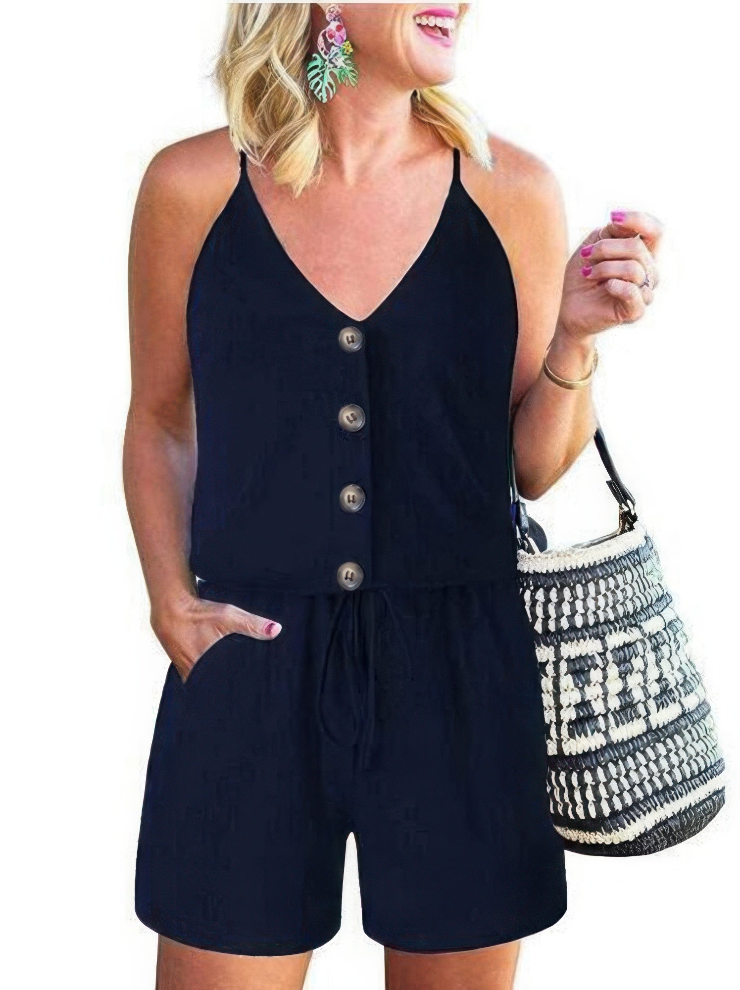 Button Sleeveless Spaghetti Strap Cami Romper | by atgodanddesigns