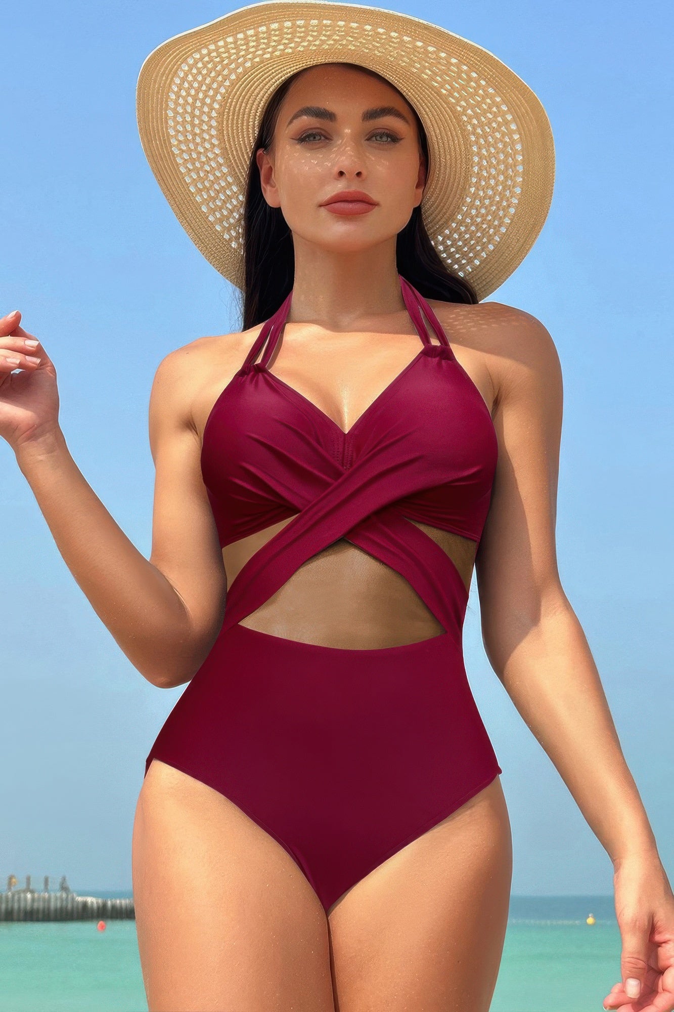 Color Block Halter Cross Lace One Piece Swimsuit | by atgodanddesigns