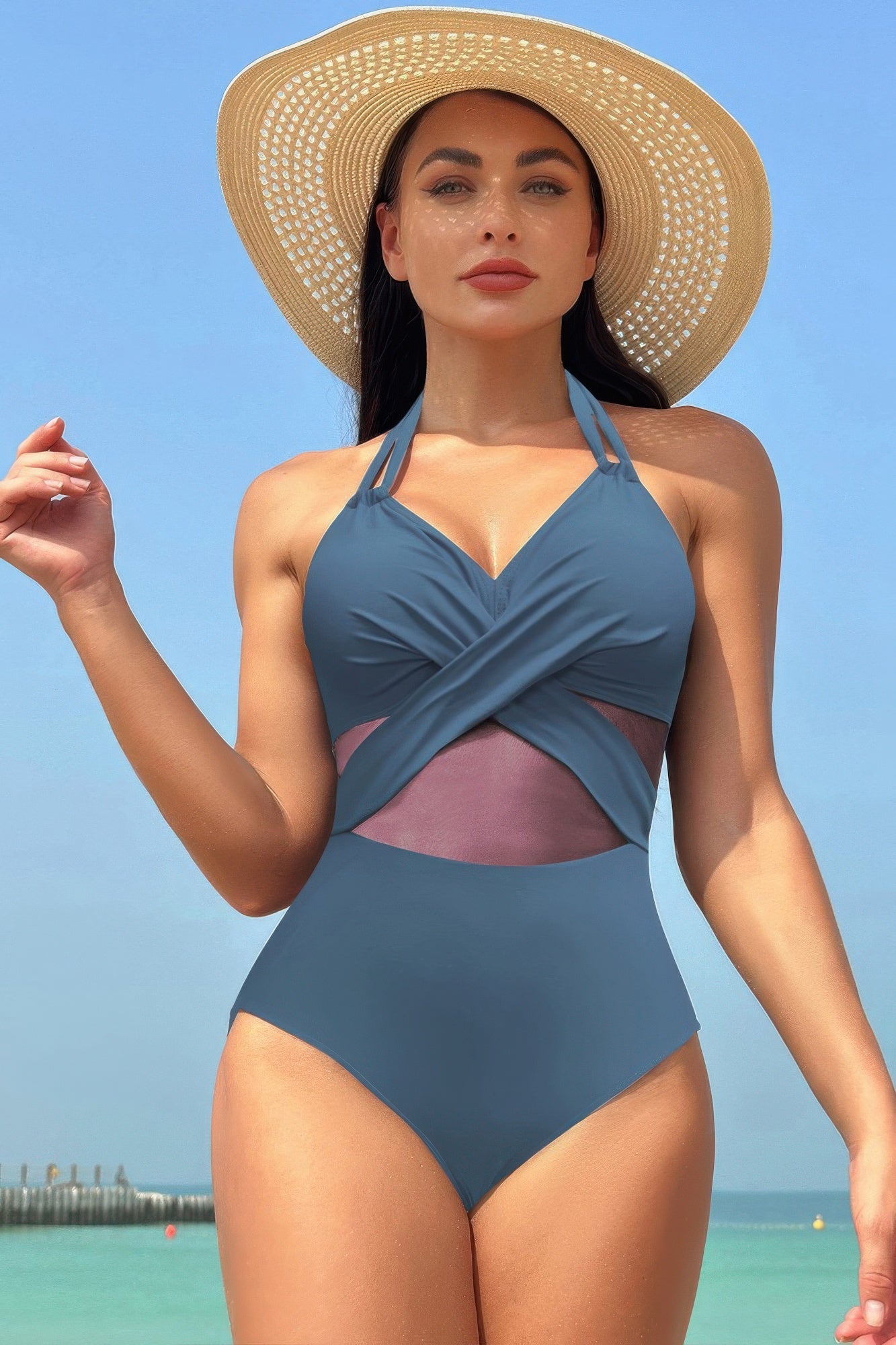 Color Block Halter Cross Lace One Piece Swimsuit | by atgodanddesigns
