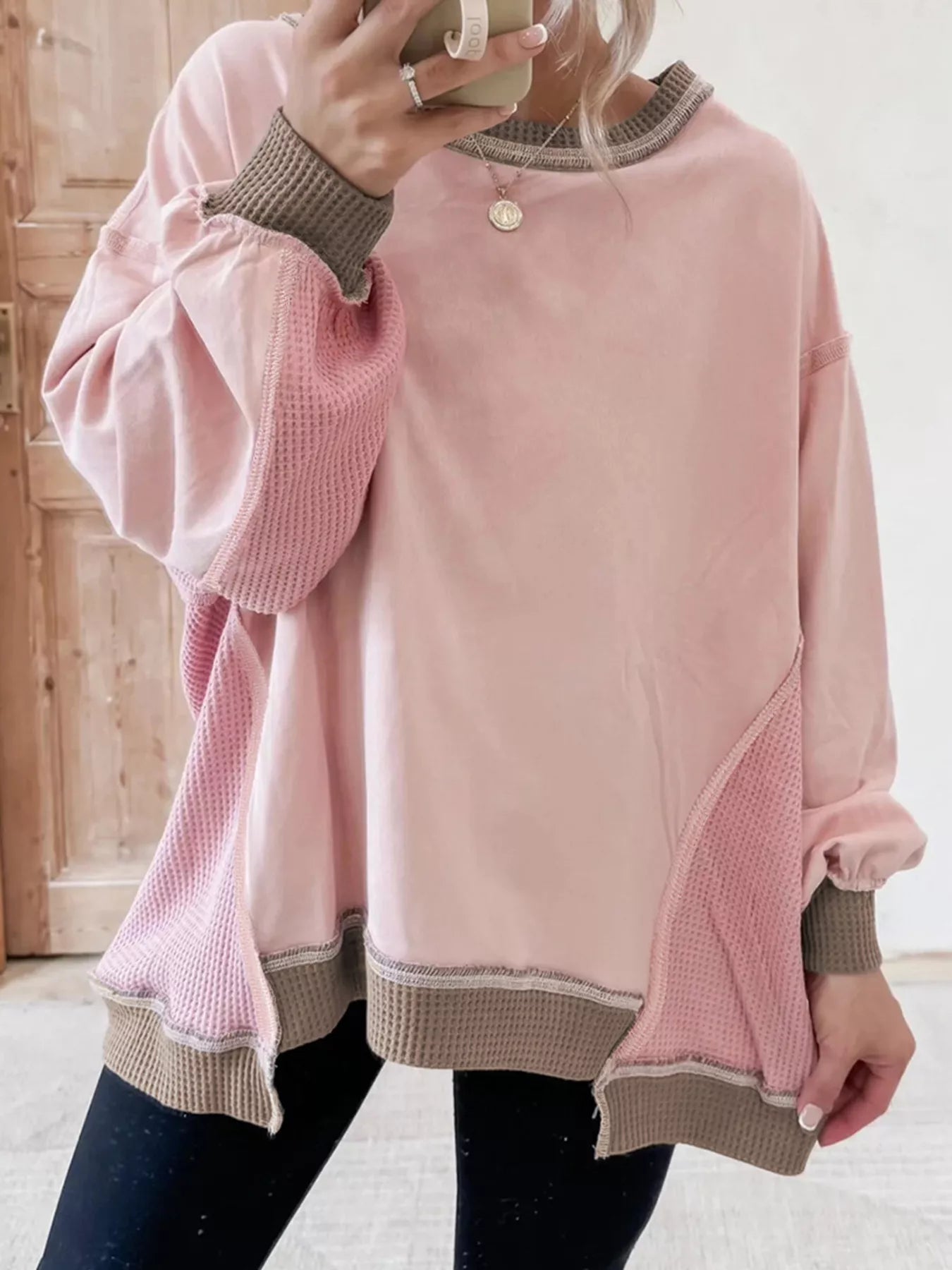 Color Block Mix Texture Waffle Patchwork Oversize Sweatshirt | by atgodanddesigns