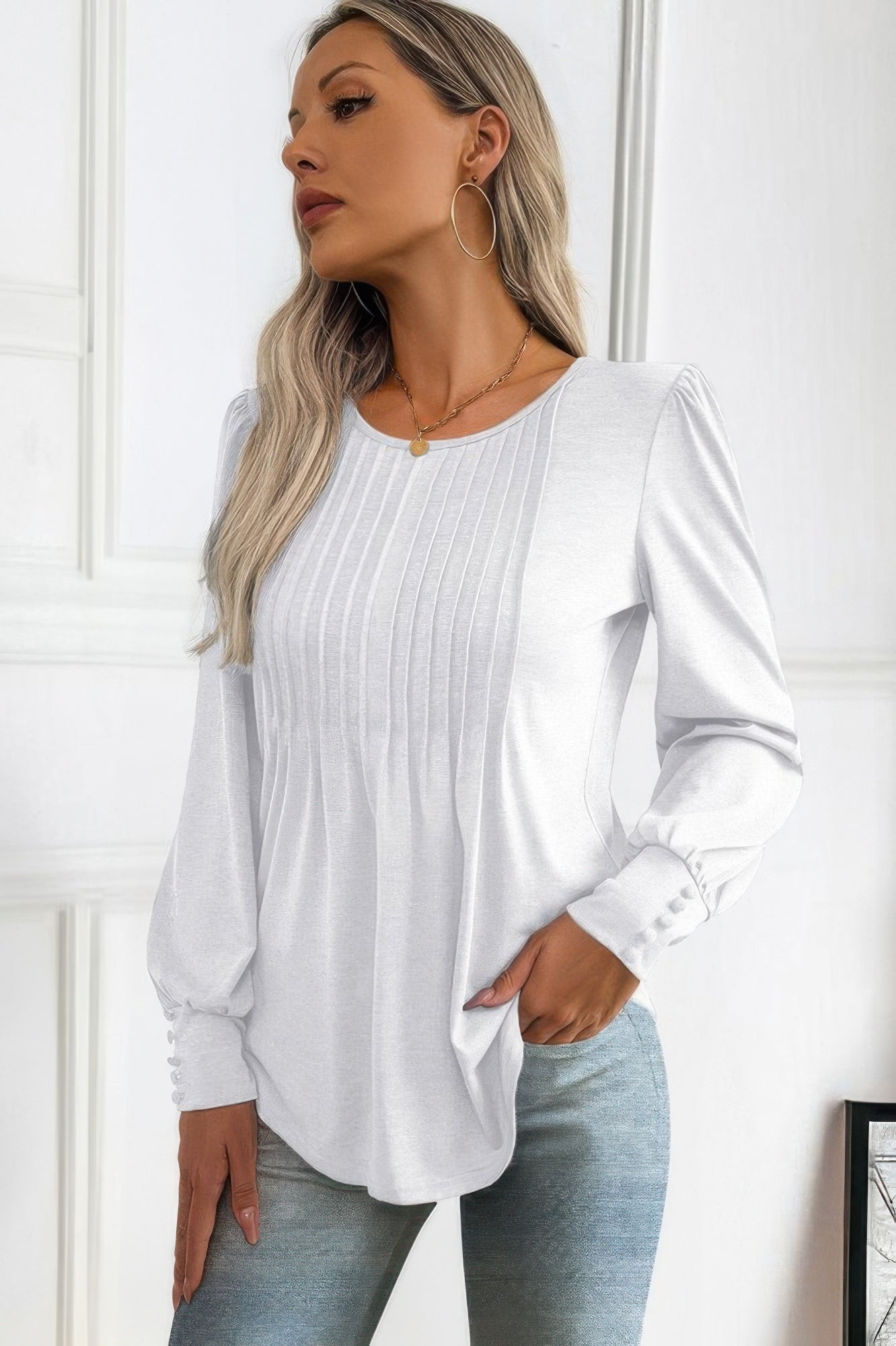 Crew Neck Pleated Long Puff Lantern Sleeve Knit Shirt | by atgodanddesigns