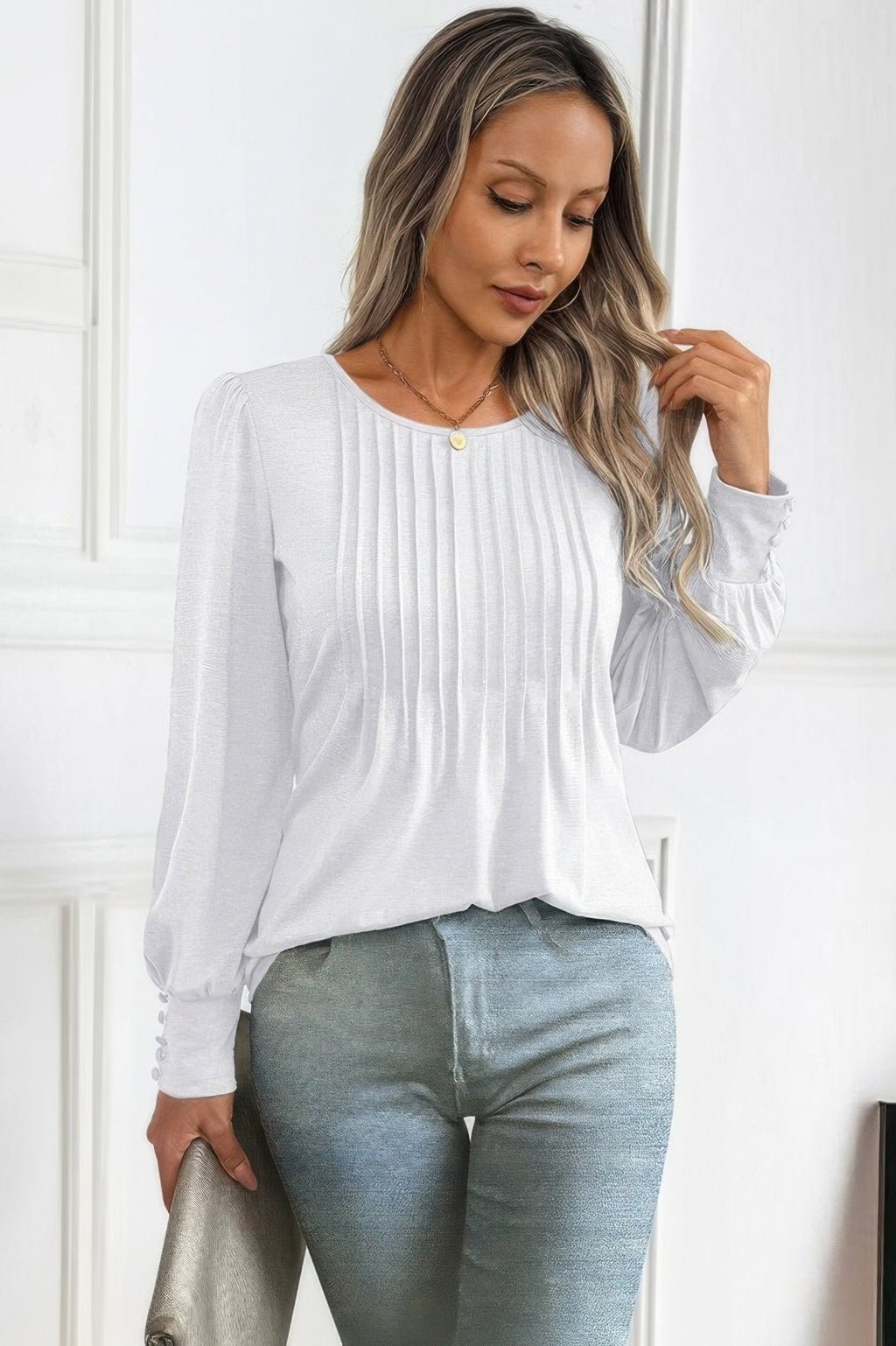 Crew Neck Pleated Long Puff Lantern Sleeve Knit Shirt | by atgodanddesigns