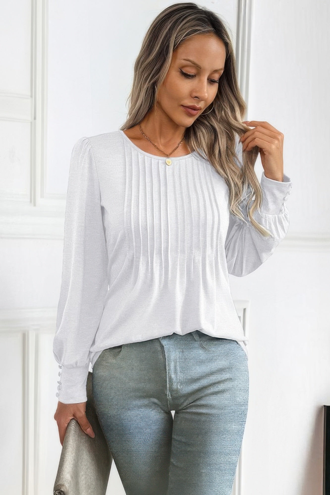 Crew Neck Pleated Long Puff Lantern Sleeve Knit Shirt | by atgodanddesigns