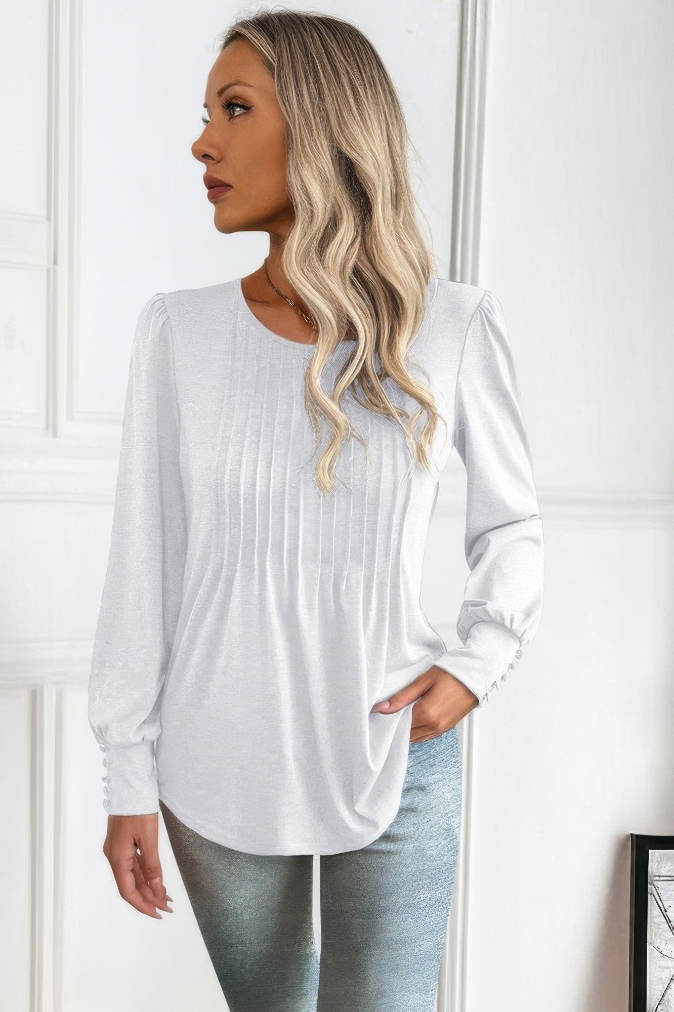 Crew Neck Pleated Long Puff Lantern Sleeve Knit Shirt | by atgodanddesigns